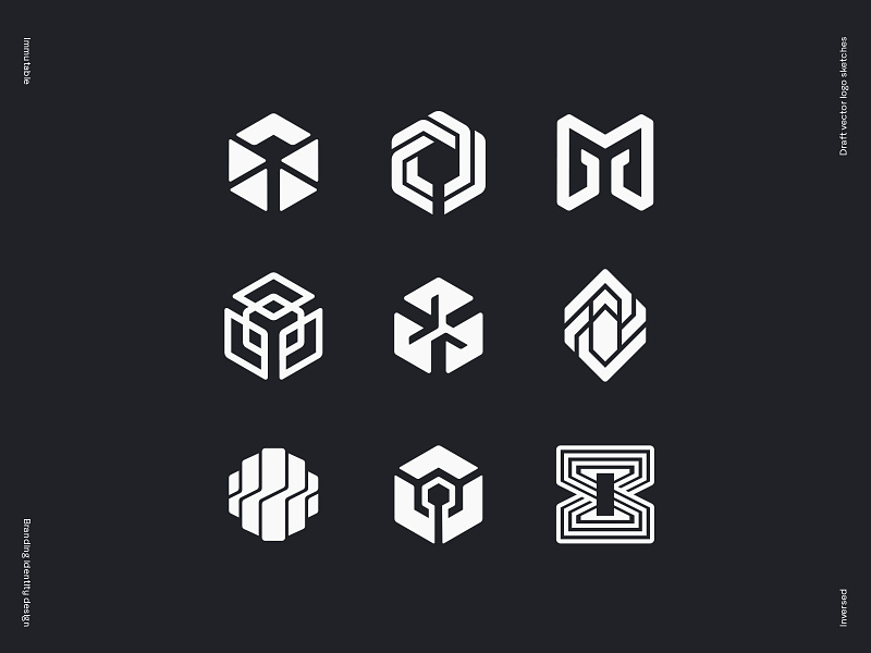 Immutable logo draft vector sketches blockchain branding chrystal circuit crypto cybersport gaming geometry glitch hexagon key logo loop molecule network platform star stone tech wire