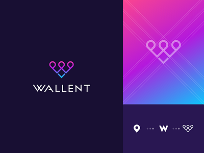 Wallent abstract branding clever flat gradient icon letter logo mark minimal monogram pin place typeface w