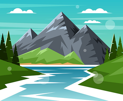 River on a background of mountains alps blue crag desolate forest highlands illustration mountain nature peak pine river rock scenery siberia stone summer tree vector view