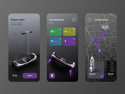 Hoverboard Interaction App 3d app application battery bluetooth concept design hoverboard interface map mobile onboarding scooter transport ui user experience user interface ux