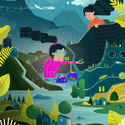 Mystical Meowntains cat forest illustration landscape mountain scenery sisters
