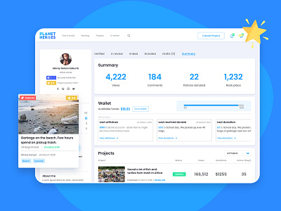 Planet Heroes – Crowdfunding Platform branding card design crowdfunding design insight inspiration money stats status summary tags trash pickup ui ux wallet