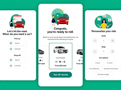 Search Concept for Rental Cars cars delight filters illustration personalization rental cars ui vector