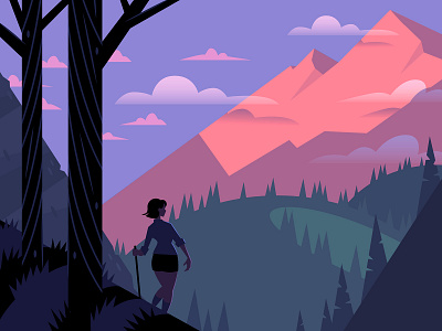 Hiker forest hiking illustration mountains sunset woods