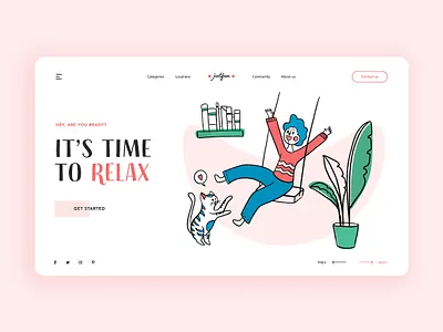Website - Freetime book boy cat character design color design desktop freetime hand drawn illustration pink plant relax shape sweater swing ui ux