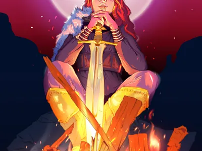 Campfire armor campfire character design character illustration ember female character fire illustration moonlight night nighttime sword warrior