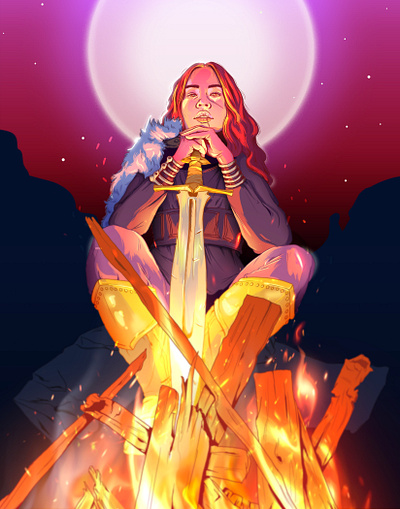 Campfire armor campfire character design character illustration ember female character fire illustration moonlight night nighttime sword warrior