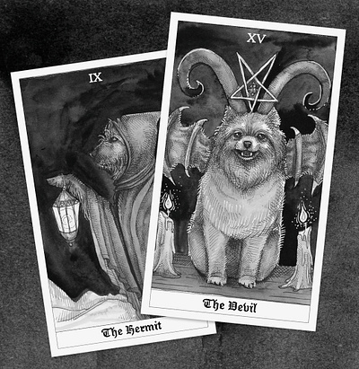 The Devil and The Hermit - The Dog Tarot art artwork black and white crosshatching dog illustration drawing illustration ink pen pen and ink pomeranian tarot card tarot deck