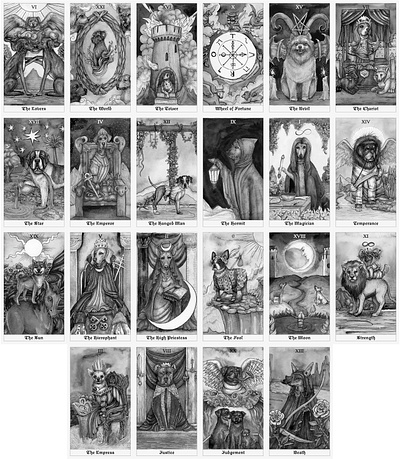 The Dog Tarot - Most of the Major Arcana art black and white crosshatching drawing illustration ink inkwash pen pen and ink tarot tarot card tarot deck