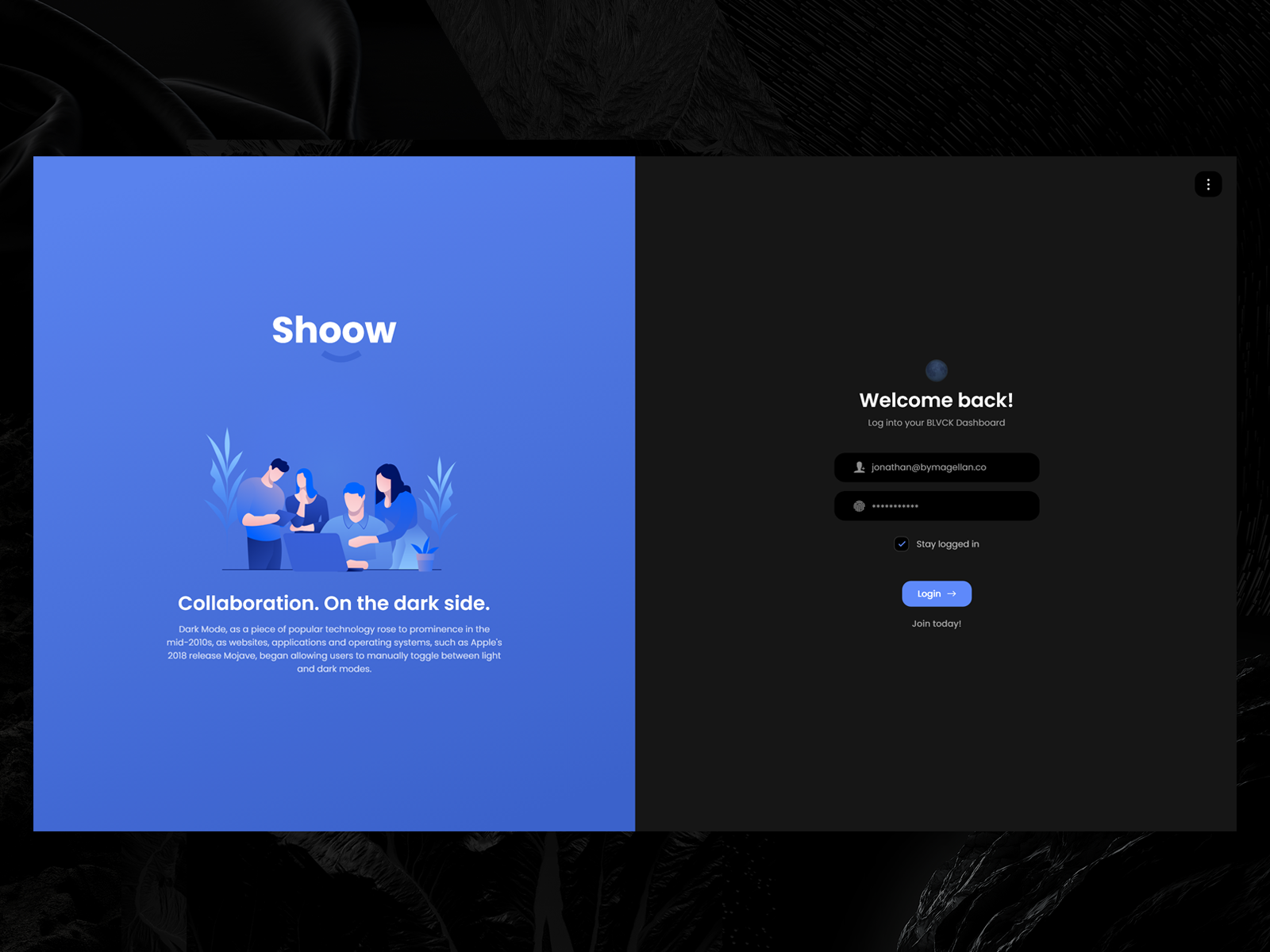 Example of Login Screen 50/50 Dark Mode - Daily UI Challenge 004