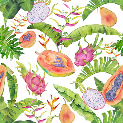 Juisy & colorful tropical fruits pattern design hand drawn illustration pattern tropical watercolor