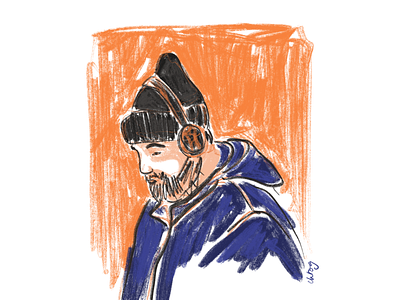 A bearded man listening to music blue dailylife digital illustration music orange pencil people people illustration portrait portrait illustration procreate sketch