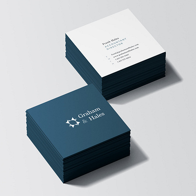 Graham & Hales Mockup Square Business Cards accountant blue branding brandlogo business cards businesscard card classy finance gradient logo logodesign logodesigner luxurious minimal minimalist navy serif stationary typography