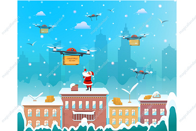 Santa Claus on the roof of the house 2020 boxes christmas city claus delivery drone festive gift house merry new prezent roof santa snow town village winter year