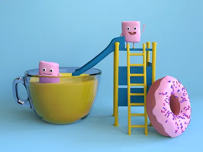 Marshmallow Bros 3d 3d art animation candy cartoon cartoon character character donut fun game happy illustration joy kids marshmallow play playground slide toy