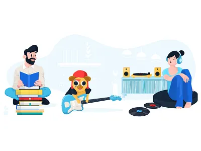 Books&Music adobe books bowie character design family free time guitar illustration illustrator joy love pug vector vinyl