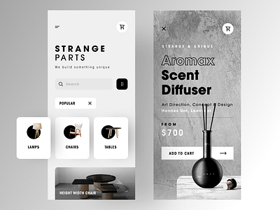 UI Design - Strange Parts “ Get something unique for your home “ app black white brand design designer illustration logo luxury parts sketch strange typography ui ux uxd uxdesigner vector