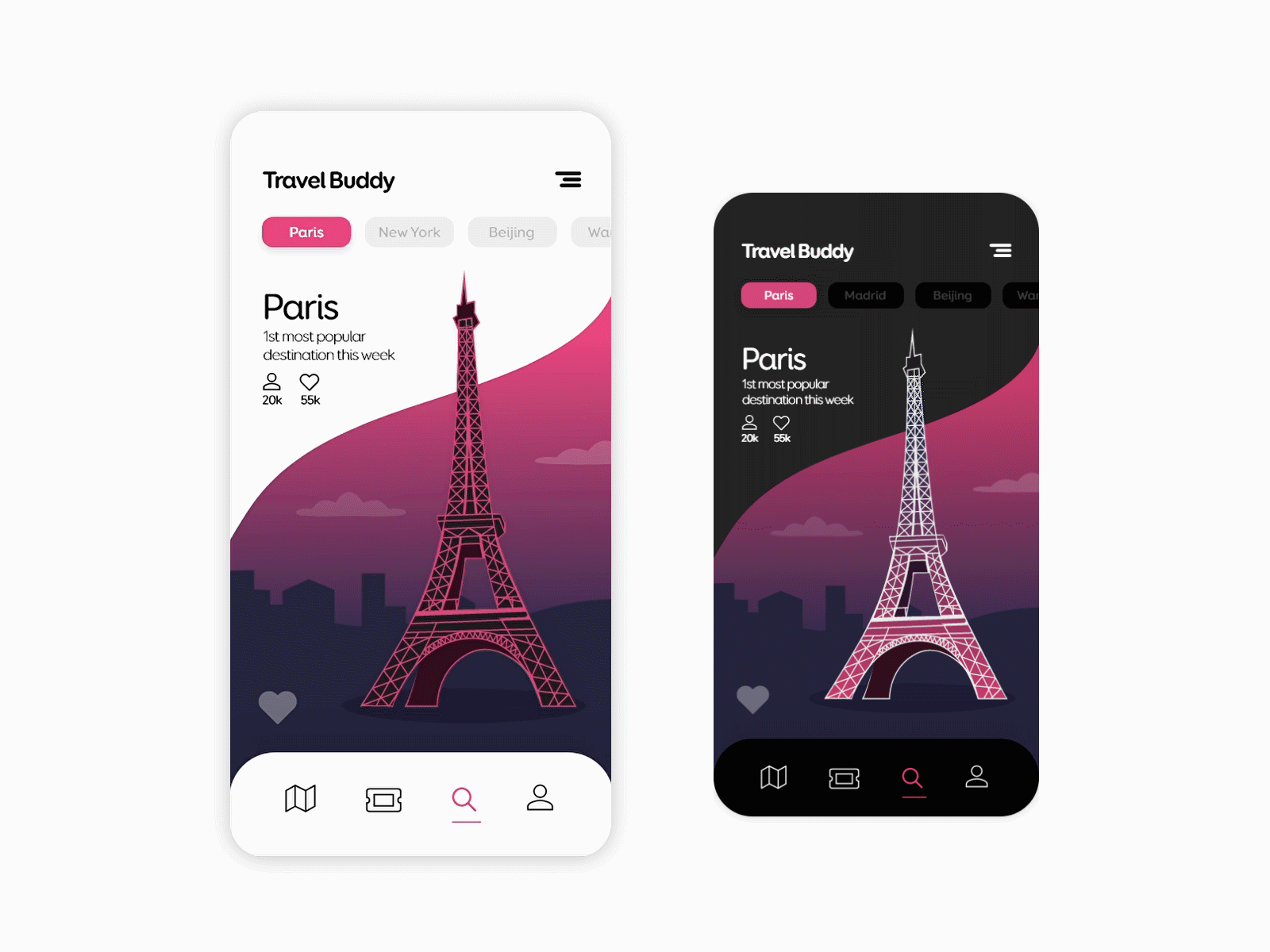 Travel Buddy App adobe animation app app design dark mode graphics illustration new york night mode paris ui uidesign ux uxdesign vector