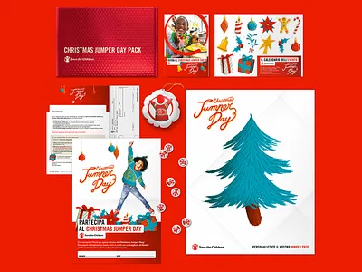 Save the Children | Christmas Jumper Day children christmas christmas tree donation gift gingerbread man holiday illustration jingle bells jumper kit pack packaging poster santa claus save the children snow stickers texture