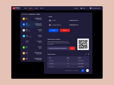 Wow Exchange Wallet account balance bitcoin bitcoin exchange creative crypto crypto wallet dark dark ui qr code table ui user experience user interface ux wallet