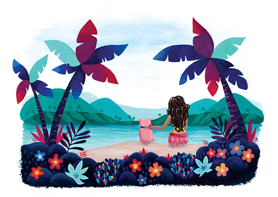 Tiki girl and pet pig animal art cute fine art gouache illustration tiki girl watercolor paper