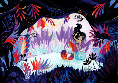 Magical ocean floor with mermaid cute fine art gouache illustration mermaid ocean seafloor watercolor paper whimsical