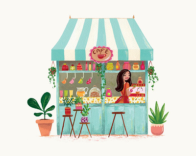 At the café blue cafe cakes coffee coffeeshop cute fineart gouache illustration plants shop turquoise
