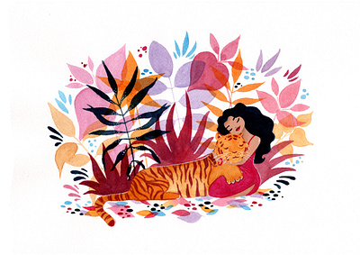 The girl and the tiger animal cute fine art girl illustration jungle nature orange pink purple stationery mockups tiger tropical watercolor