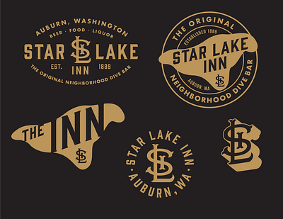 Star Lake Inn Branding/T-Shirt Designs badge bar branding design gin font gold illustration lake lock up logo monogram restaraunt screen print seattle star t shirt typography vector vegas washington state