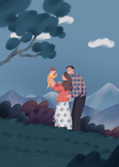 young family baby family happiness illustration love outdoor tree