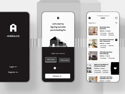 Homeslice app black white branding design figma home minimal mobile mobile app monochrome real estate roommate ui