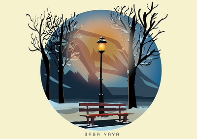 Light in cold season adobe illustrator autumn bench cold flat design illustration lamp lights mountain night park season snow vector winter