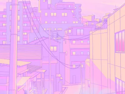 City at Dusk 80s aesthetic anime city illustration japan japanese japanese art lavender lofi nostalgia pastel pink sailormoon tokyo vaporwave