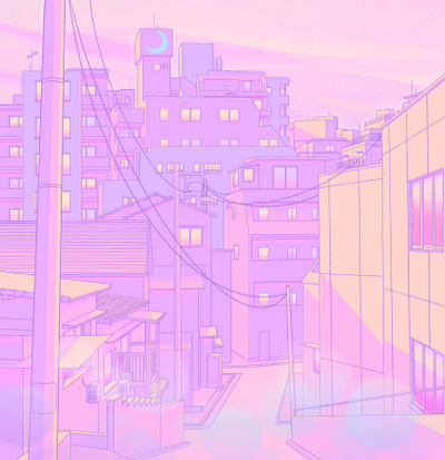 City at Dusk 80s aesthetic anime city illustration japan japanese japanese art lavender lofi nostalgia pastel pink sailormoon tokyo vaporwave