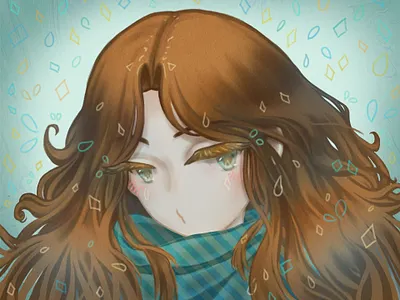 Rainy Girl anime autumn big eyes digital painting eivarain eyelashes gentle girl girl character girl illustration hair illustration joker manga rain rainy scarf soft stylised