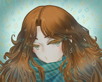 Rainy Girl anime autumn big eyes digital painting eivarain eyelashes gentle girl girl character girl illustration hair illustration joker manga rain rainy scarf soft stylised