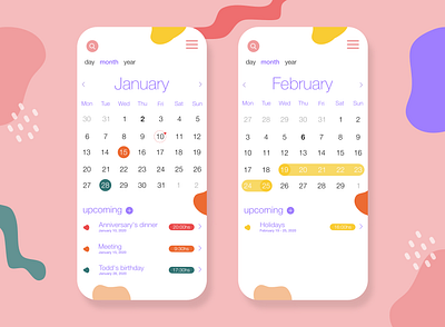 Colorful Calendar affinity designer app calendar calendar app calendar design colorful design design app events mobile ui palette schedule time management ui ux ui white