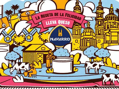 Mural Design cheese city city illustration color cow drawing graffiti art grange hype illustration magazine milk mural print quesos navarro sky stroke town vector wall