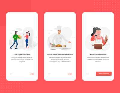 Onboarding Go Cook app apps box bread buy chef cook delivery food food app fresh fruit gojek grocery app noodle onboarding popular red soup ui