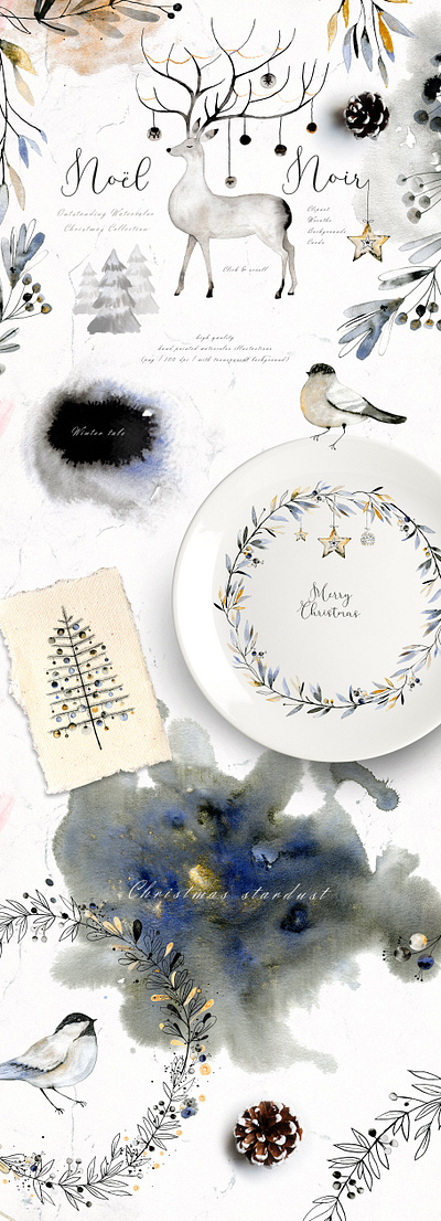 Noel Noir - Watercolor Christmas Set background clipart design design elements gold graphics hand ink joy noel noir painted star stars watercolor watercolor christmas watercolor christmas set watercolor clipart watercolor set winter wreath