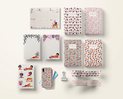 The girl and the tiger stationery set animals cute design fineart girl hand painted nature orange pattern collection patterns pink purple stationery stationery design tiger torpical watercolor whimsical