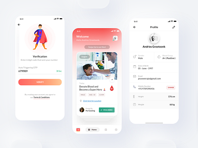 Experimental App app blood donation cards clean dashboard gradiant health ios landing page medical menu minimal mobile app otp profile shadow signiin ui uitrends verification