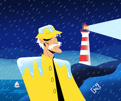 The Lighthouse Rain animation beach blue boat design flat illustration light lighthouse man oldman person in rain procreate rain raincoat raining rainy sea vector yellow