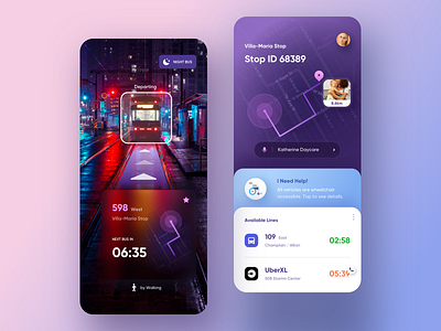 Public transit app. app ar bus car card clean gps location map metro mobile public transit public transport purple subway taxi uber ui voice vr