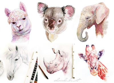 Watercolor animals. Koala, llama, elephant,rhino, giraffe... animal art animal portrait cute elephant giraffe hand painted horse illustration koala llama orange pet portrait rhino sketch sketchbook surface design torpical watercolor animal watercolor painting