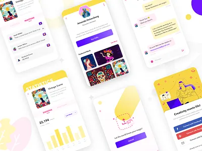 A social app concept for creative peeps! app design branding dribbble dribbble best shot illustrations login mobile ui popular design social app statistics ui ux ui design ui illustration upload file user profile