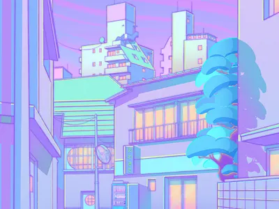 Night in Utopia 80s aesthetic anime blue city citypop illustration japan japanese japanese art kyoto lavender manga nostalgia osaka pastel pop sailormoon tokyo ukiyo e