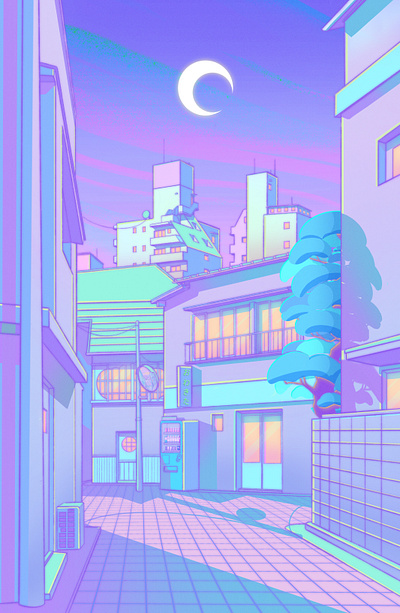 Night in Utopia 80s aesthetic anime blue city citypop illustration japan japanese japanese art kyoto lavender manga nostalgia osaka pastel pop sailormoon tokyo ukiyo e