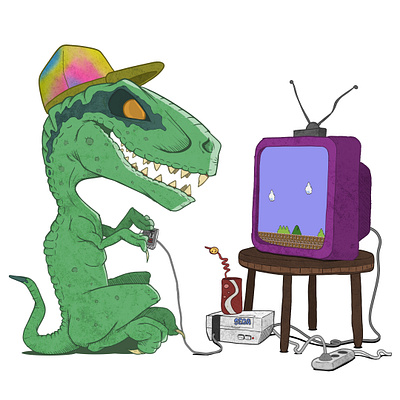 Retro Dino 2d character comic art comics comicsart dark theme digital dinosaur gamer gaming illustration lowbrow nintendo pierre gombaud retro sega