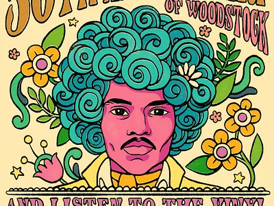 50th Anniversary Woodstock - Jimi Hendrix (iHeartRadio) 60s 70s afro floral groovy handlettering hippie illustration jimi hendrix portrait poster design psychedelic typography woodstock